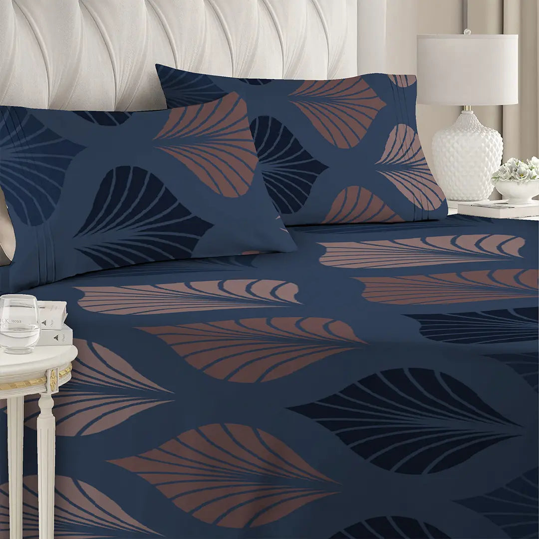 Nile Blue Grand Autumn Leaf Printed Bed Sheet Set