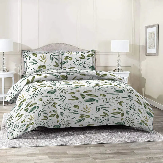 White Scattered Leaf Printed Bed Sheet Set