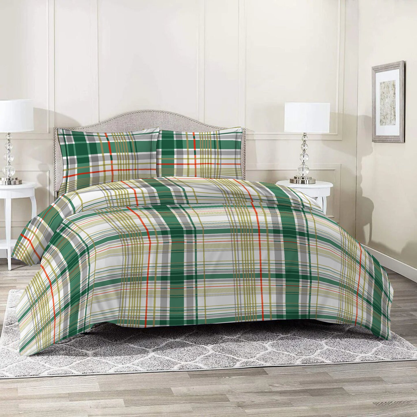 3 Piece - Light & Dark Green Checkered Printed Bed Sheet Set - 3154