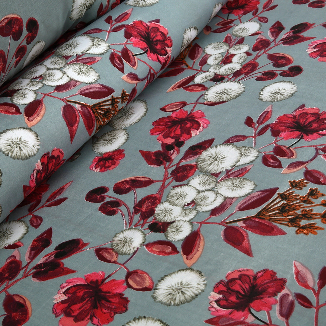 3 Piece - Gray, Red, Brown, and White Floral Printed Bed Sheet Set - 3138