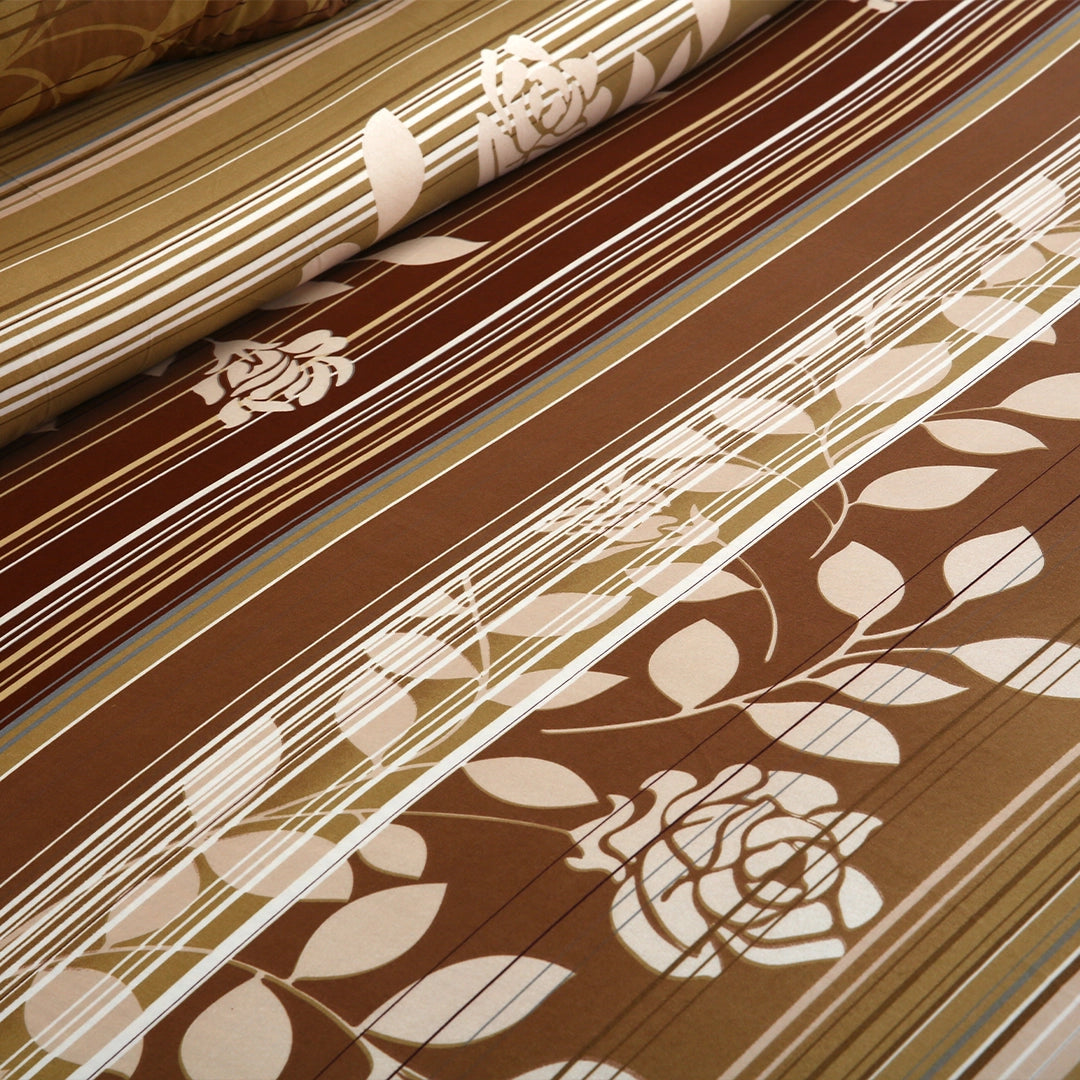 3 Piece - Brown, Beige, and White Floral Printed Bed Sheet Set - 3121