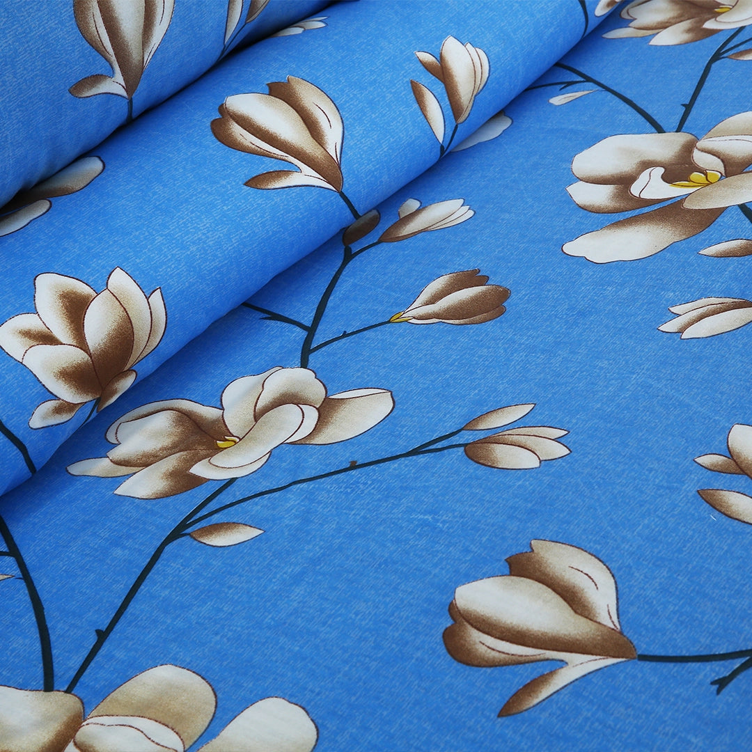 3 Piece - Blue and Light Brown Floral Printed Bed Sheet Set - 3140