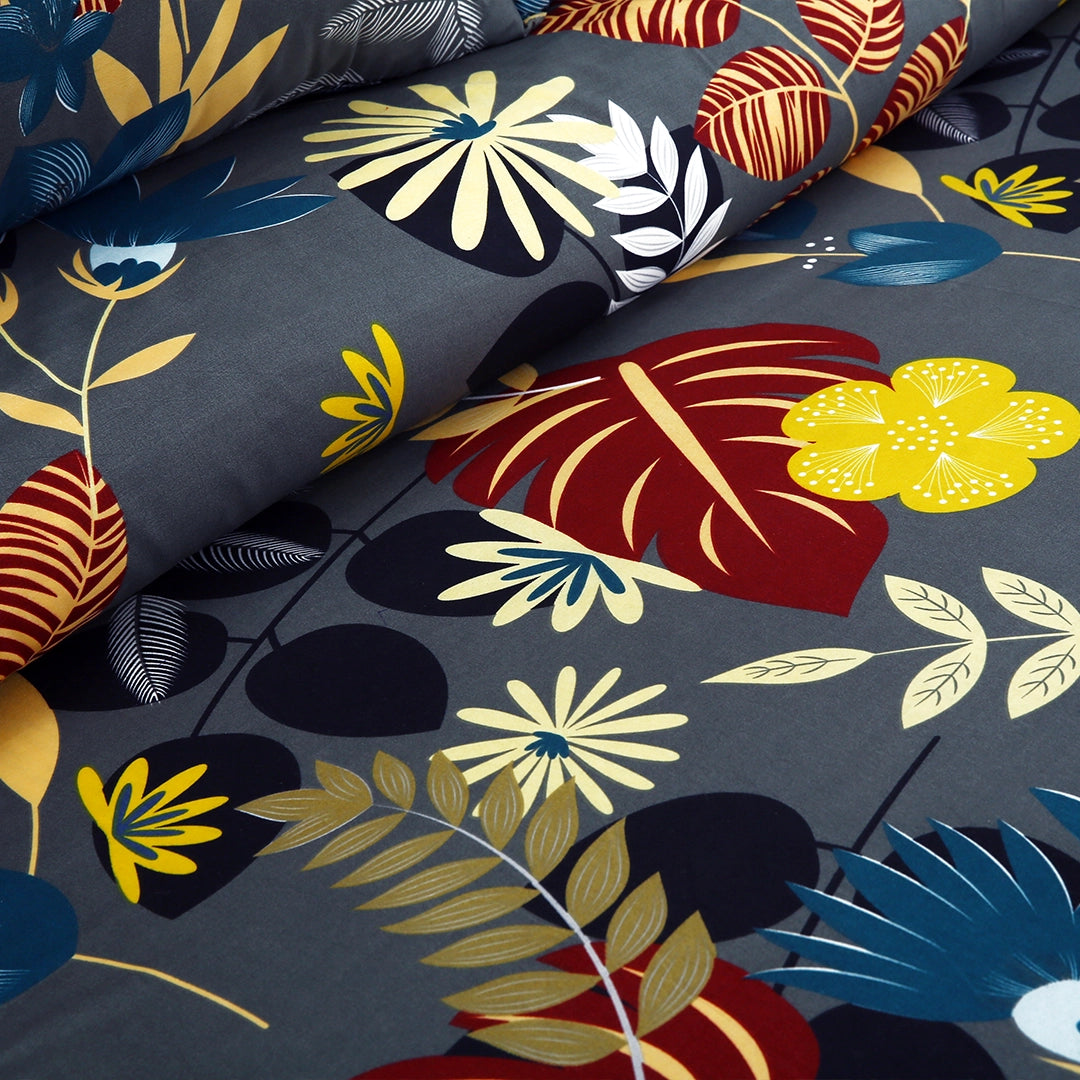 3 Piece - Gray, Orange, and Ivory Floral Printed Bed Sheet Set - 3129