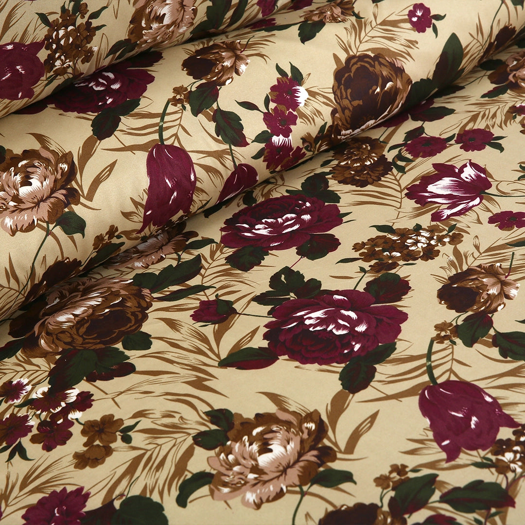 3 Piece - Burgundy, Brown, and Cream Floral Printed Bed Sheet Set - 3127