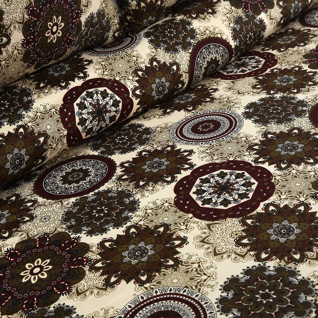 3 Piece - Brown, Beige, and Maroon Medallion Printed Bed Sheet Set - 3124