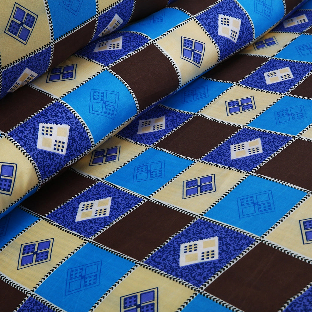 3 Piece - Blue, Brown, and Beige Checkered Printed Bed Sheet Set - 3134