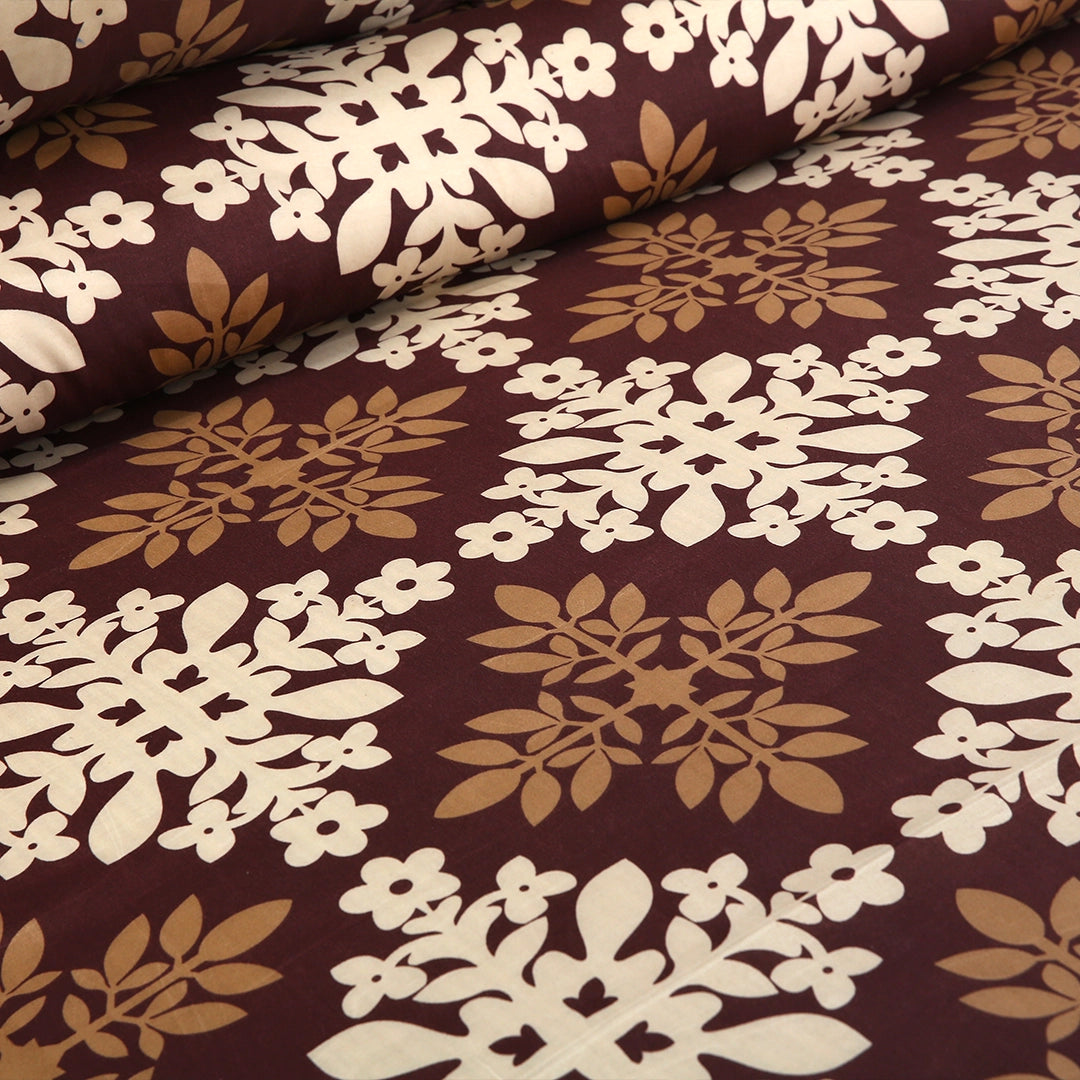 3 Piece - Brown and White Floral Printed Bed Sheet Set - 3130
