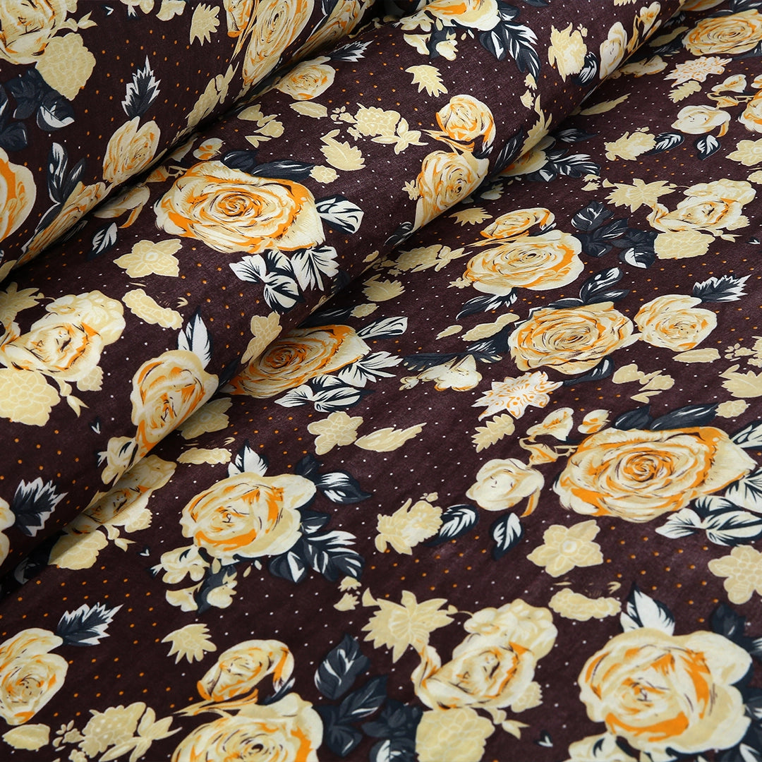 3 Piece - Brown and Gold Floral Printed Bed Sheet Set - 3136