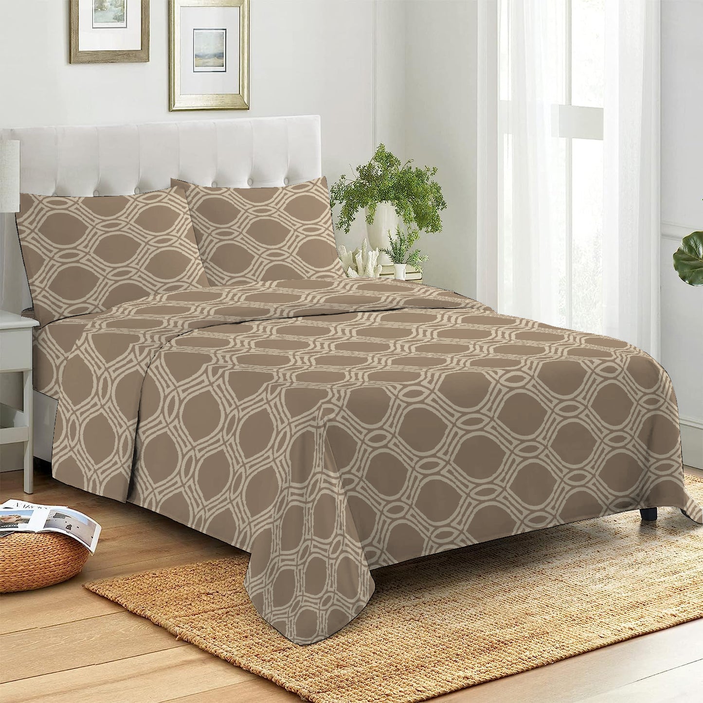 3 Piece - Brown Eyelet Printed Bed Sheet Set - 3156