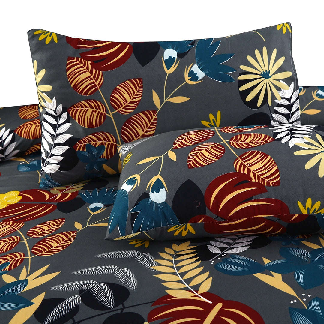 3 Piece - Gray, Orange, and Ivory Floral Printed Bed Sheet Set - 3129