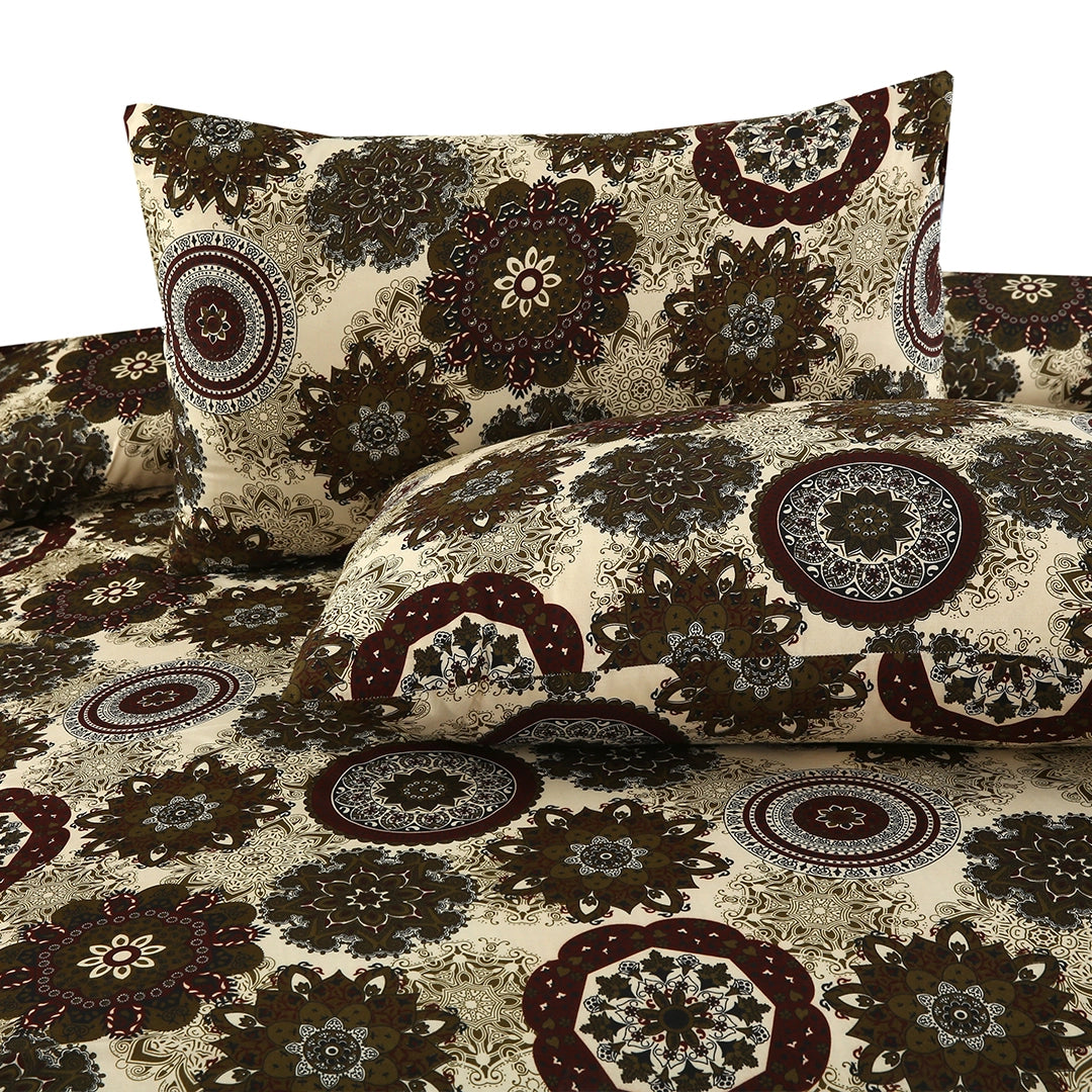 3 Piece - Brown, Beige, and Maroon Medallion Printed Bed Sheet Set - 3124