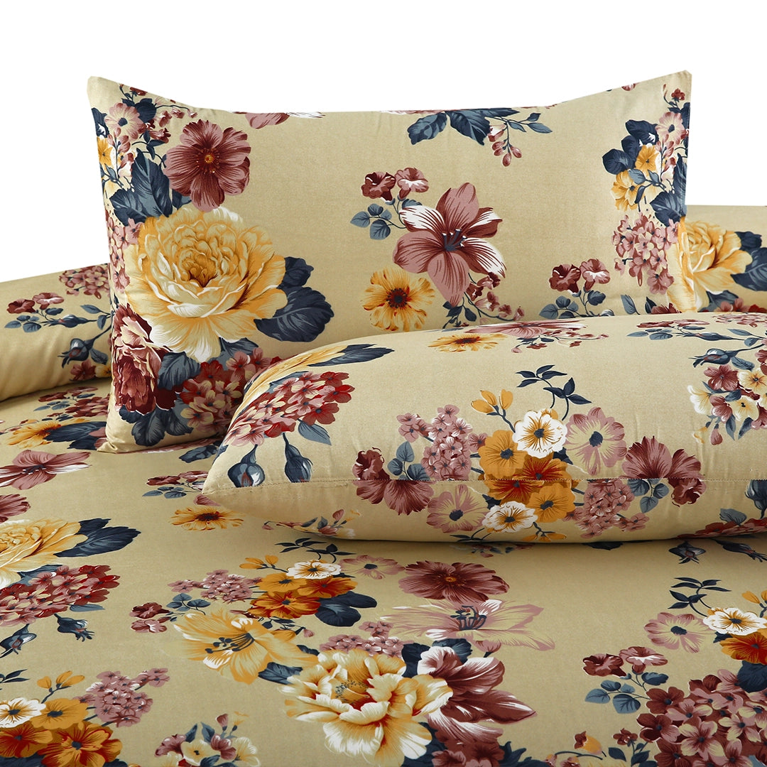 3 Piece - Burgundy, Yellow, and Cream Floral Printed Bed Sheet Set - 3125