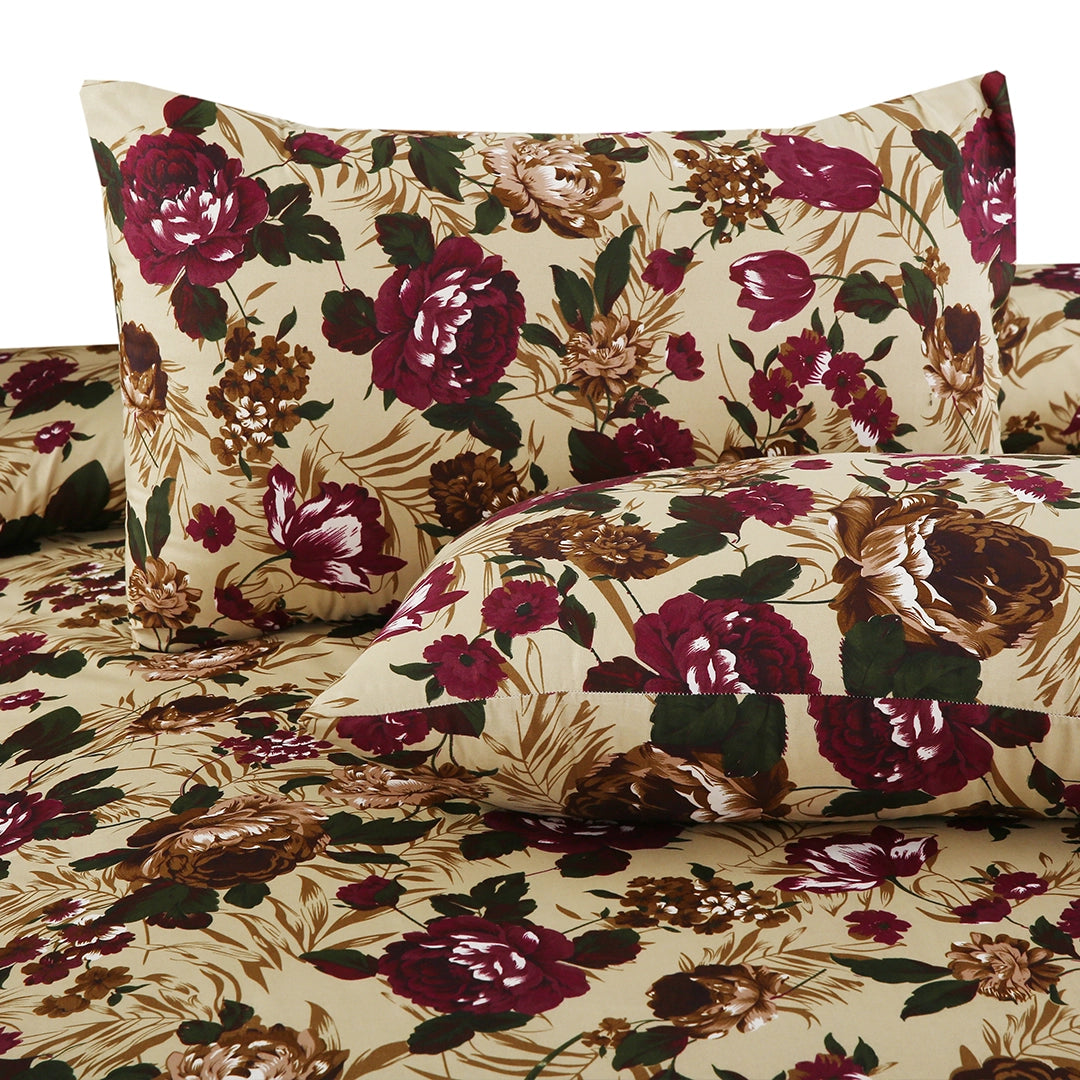3 Piece - Burgundy, Brown, and Cream Floral Printed Bed Sheet Set - 3127