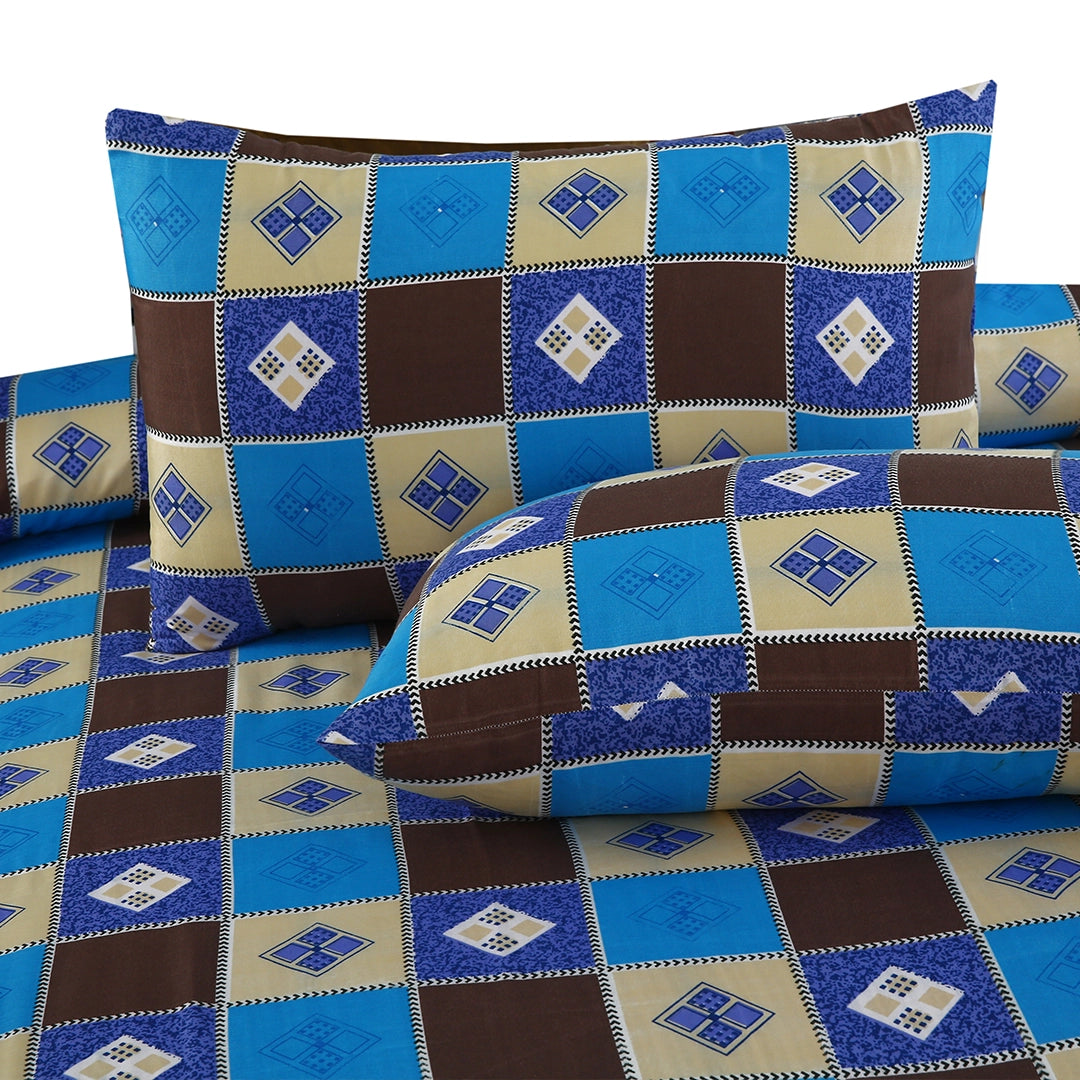 3 Piece - Blue, Brown, and Beige Checkered Printed Bed Sheet Set - 3134