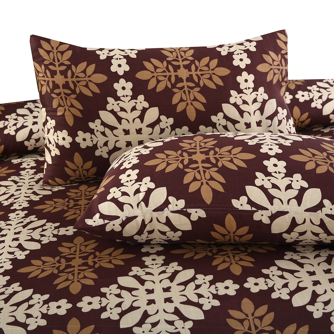 3 Piece - Brown and White Floral Printed Bed Sheet Set - 3130