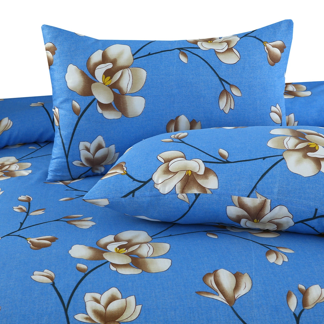 3 Piece - Blue and Light Brown Floral Printed Bed Sheet Set - 3140