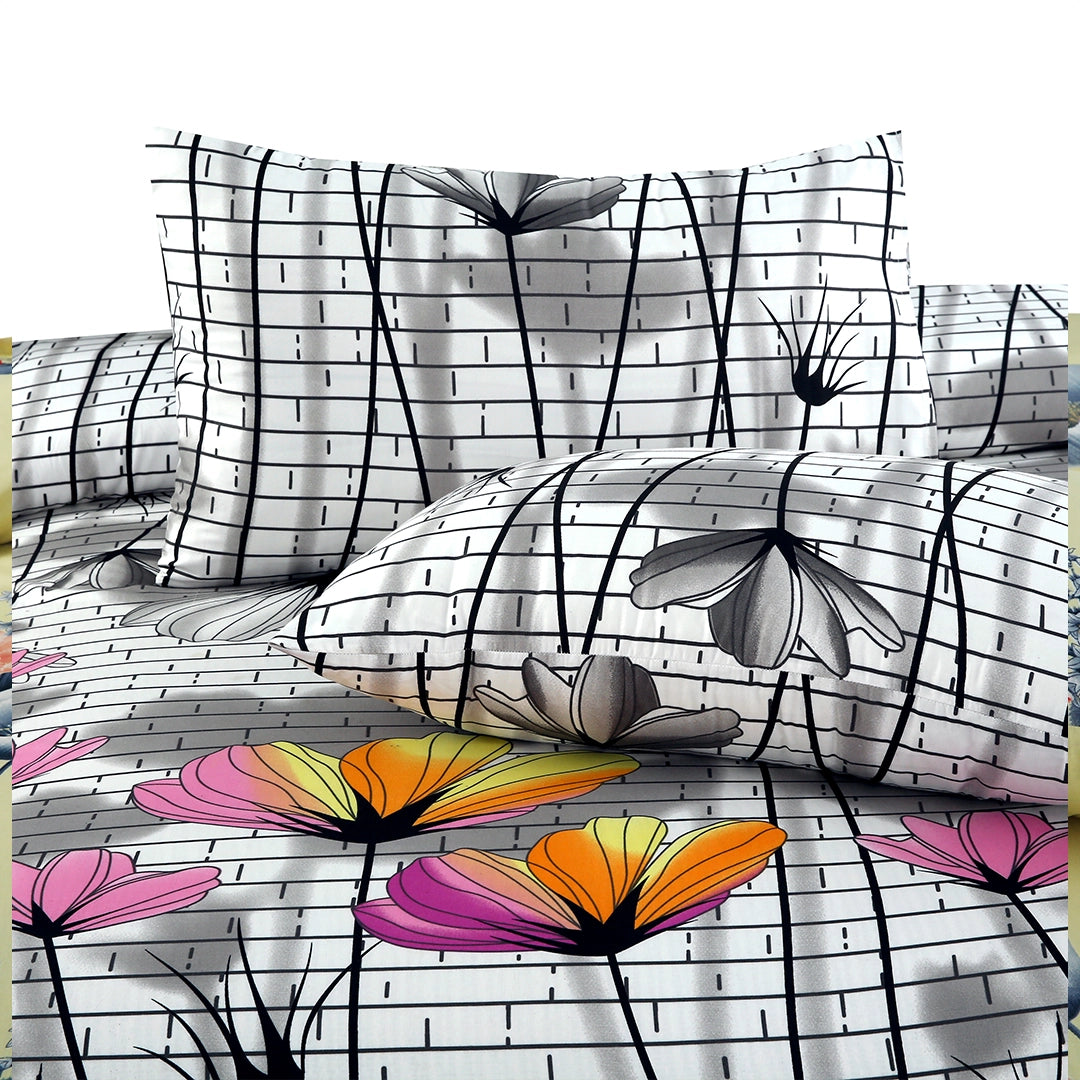 3 Piece - Brick Patterned Floral Printed Bed Sheet Set - 3123