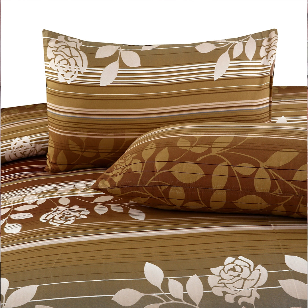 3 Piece - Brown, Beige, and White Floral Printed Bed Sheet Set - 3121