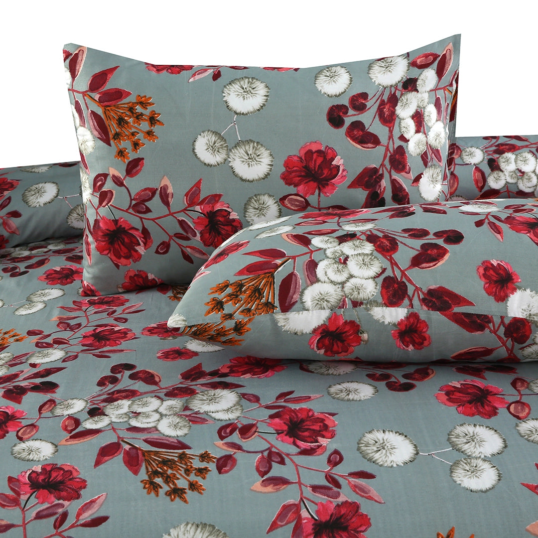 3 Piece - Gray, Red, Brown, and White Floral Printed Bed Sheet Set - 3138