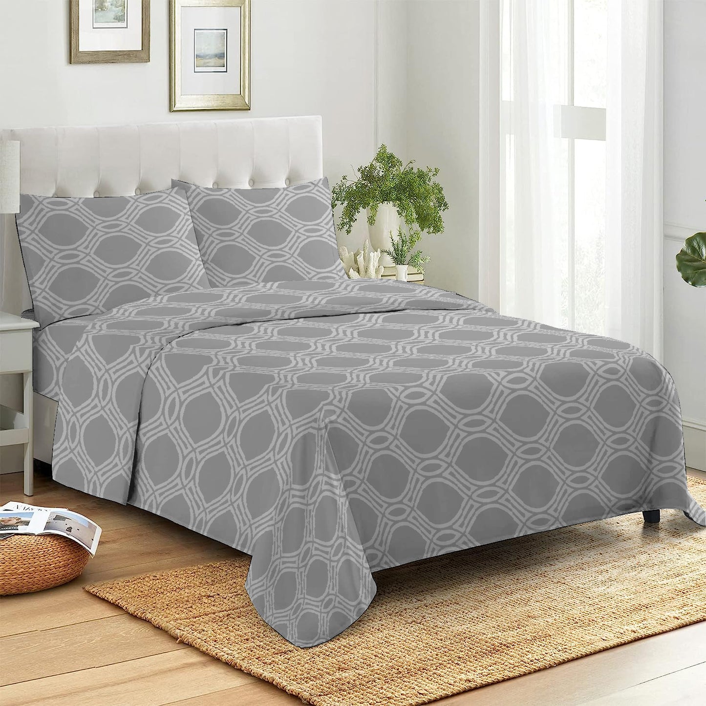 3 Piece - Grey Eyelet Printed Bed Sheet Set - 3155