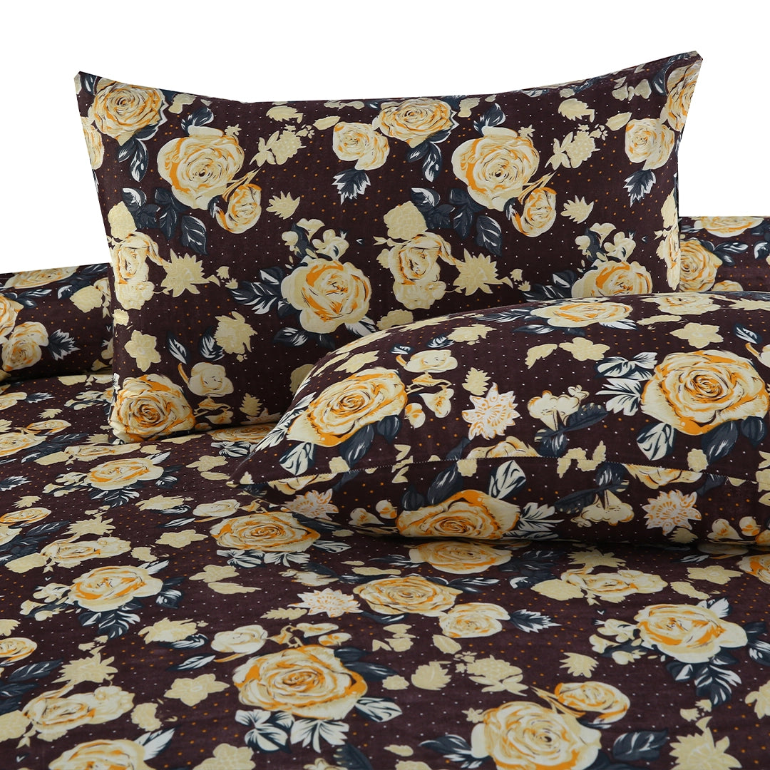 3 Piece - Brown and Gold Floral Printed Bed Sheet Set - 3136