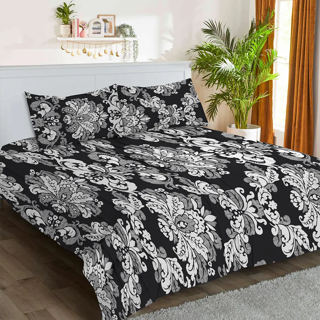 Black Flora Printed Bed Sheet Set