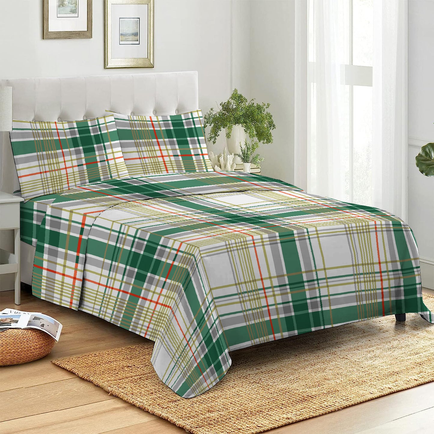 3 Piece - Light & Dark Green Checkered Printed Bed Sheet Set - 3154