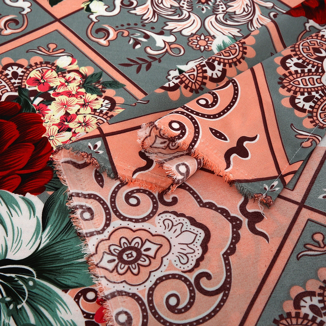 3/6 Piece - Red, Gray, and Peach Floral & Geometric Set - 3132