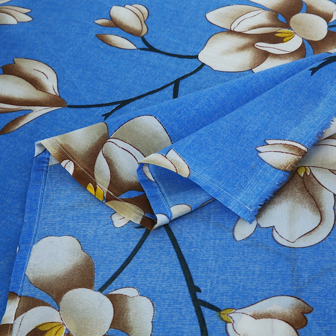 3 Piece - Blue and Light Brown Floral Printed Bed Sheet Set - 3140