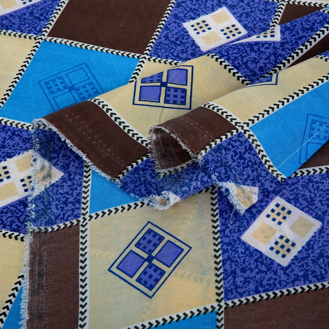 3 Piece - Blue, Brown, and Beige Checkered Printed Bed Sheet Set - 3134