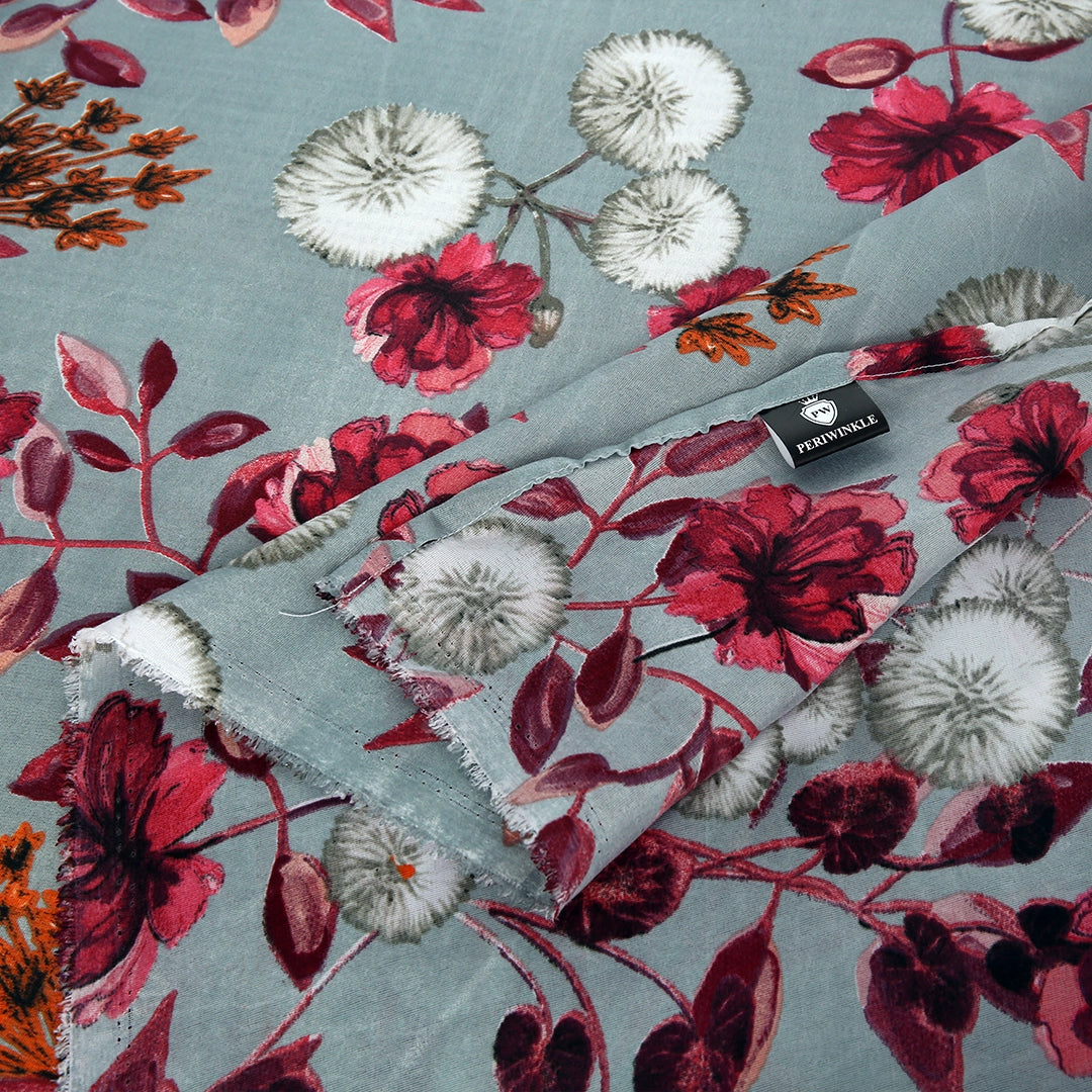 3 Piece - Gray, Red, Brown, and White Floral Printed Bed Sheet Set - 3138