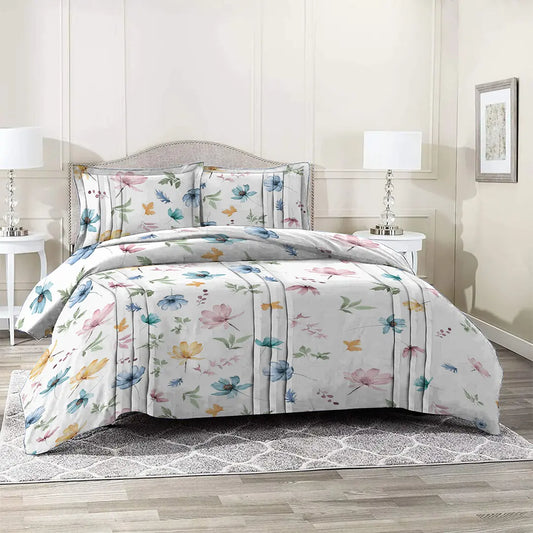 White & Multi Lily Flower Printed Bed Sheet Set