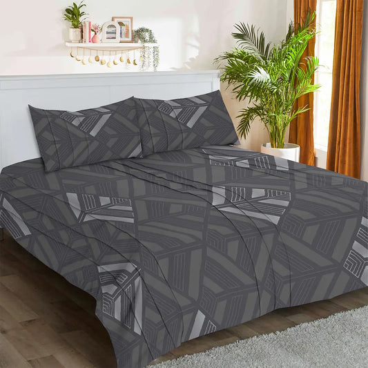 Charcoal Grey leaf pattern Printed Bed Sheet Set