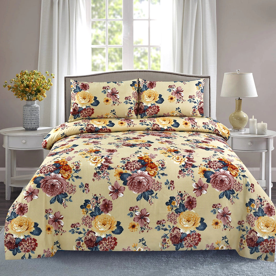 3 Piece - Burgundy, Yellow, and Cream Floral Printed Bed Sheet Set - 3125