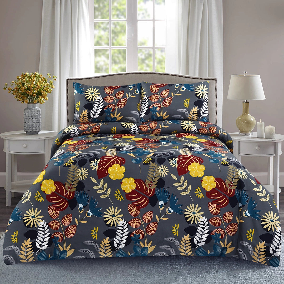 3 Piece - Gray, Orange, and Ivory Floral Printed Bed Sheet Set - 3129