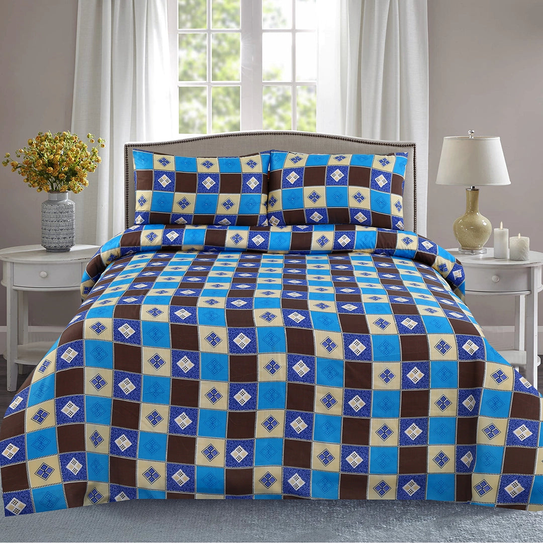 3 Piece - Blue, Brown, and Beige Checkered Printed Bed Sheet Set - 3134