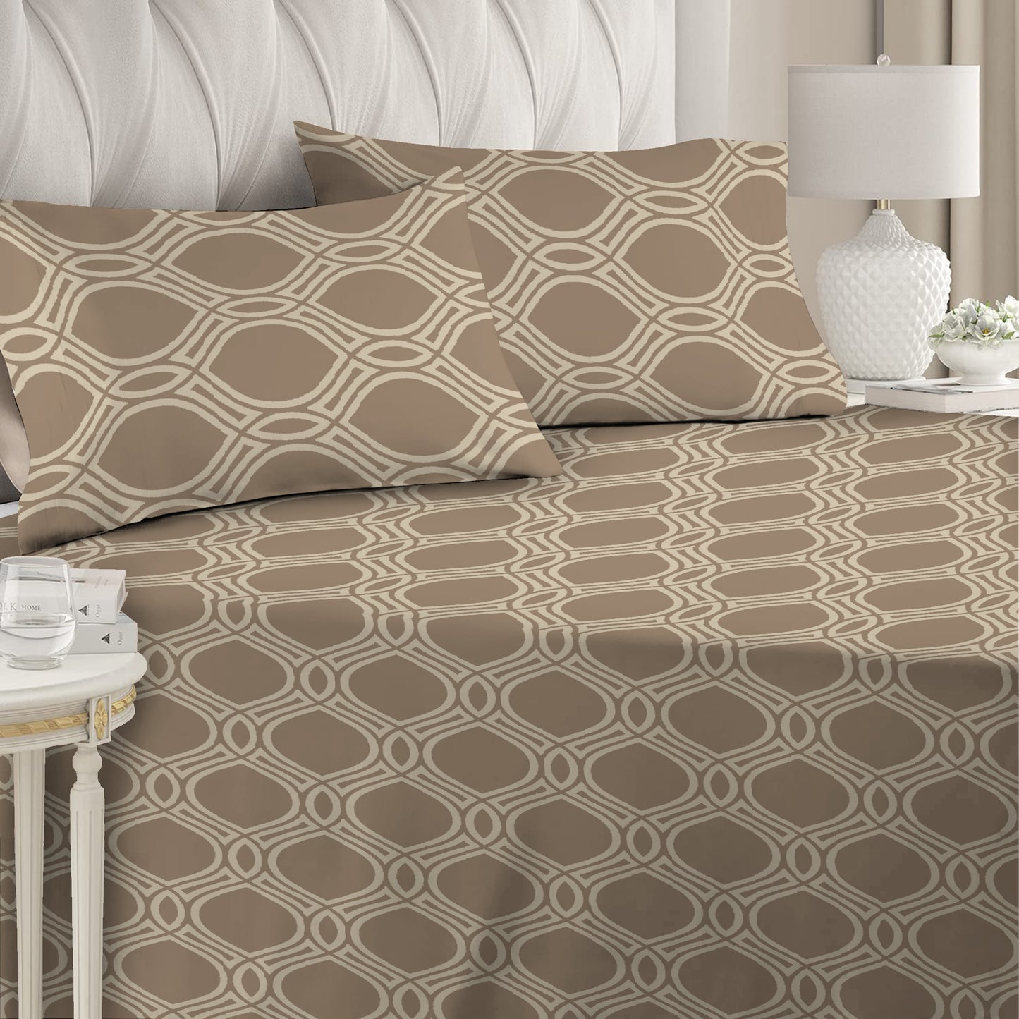 3 Piece - Brown Eyelet Printed Bed Sheet Set - 3156