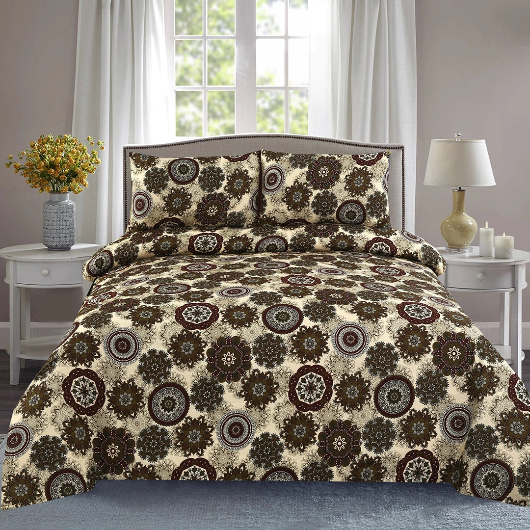 3 Piece - Brown, Beige, and Maroon Medallion Printed Bed Sheet Set - 3124
