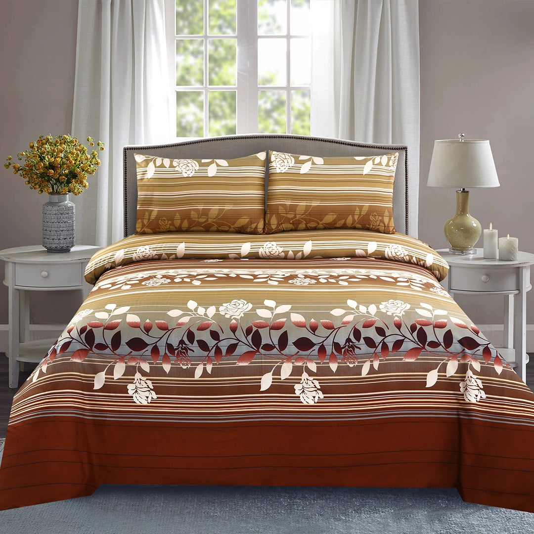 3 Piece - Brown, Beige, and White Floral Printed Bed Sheet Set - 3121