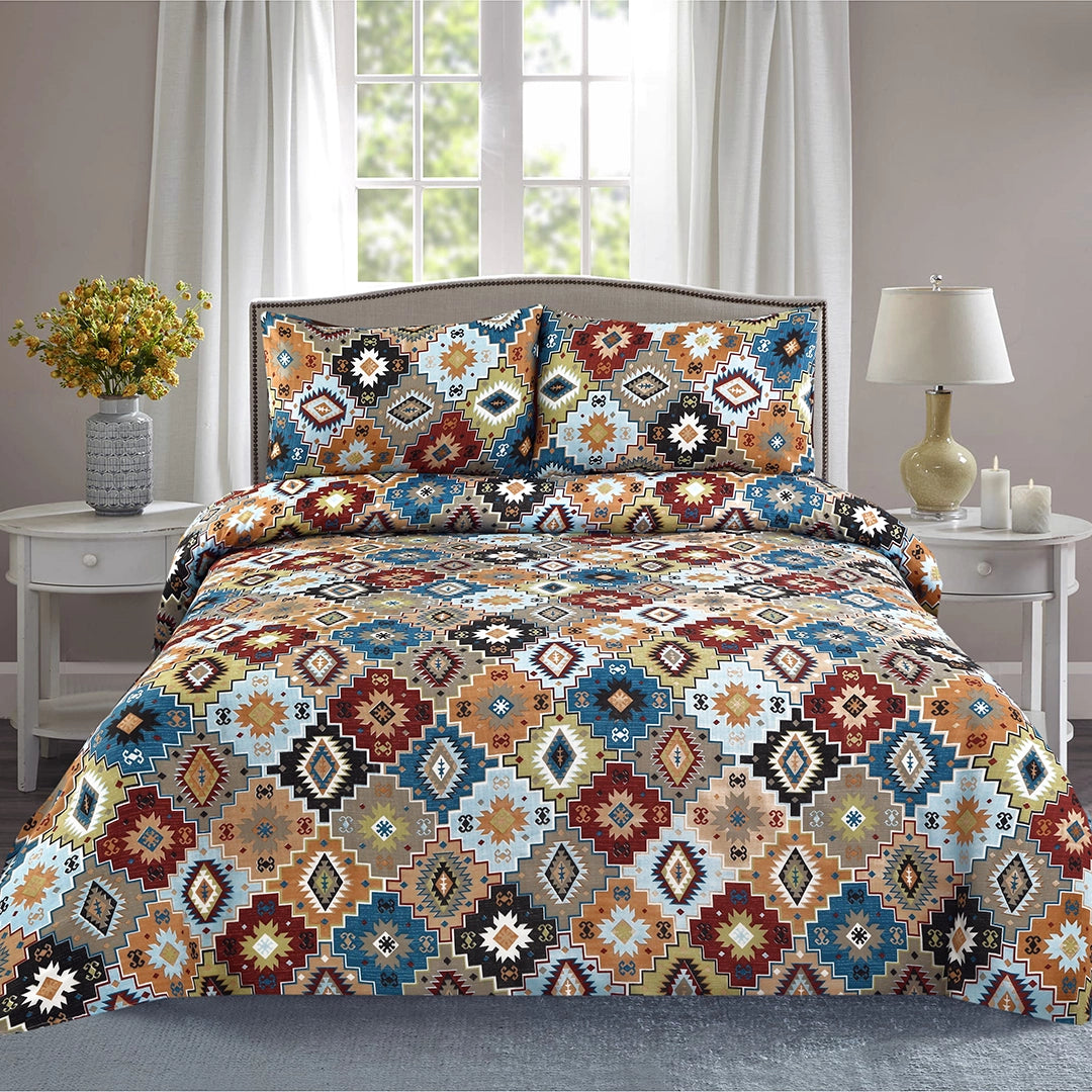 3 Piece - Geometric Diamond Patterned Printed Bed Sheet Set - 3126