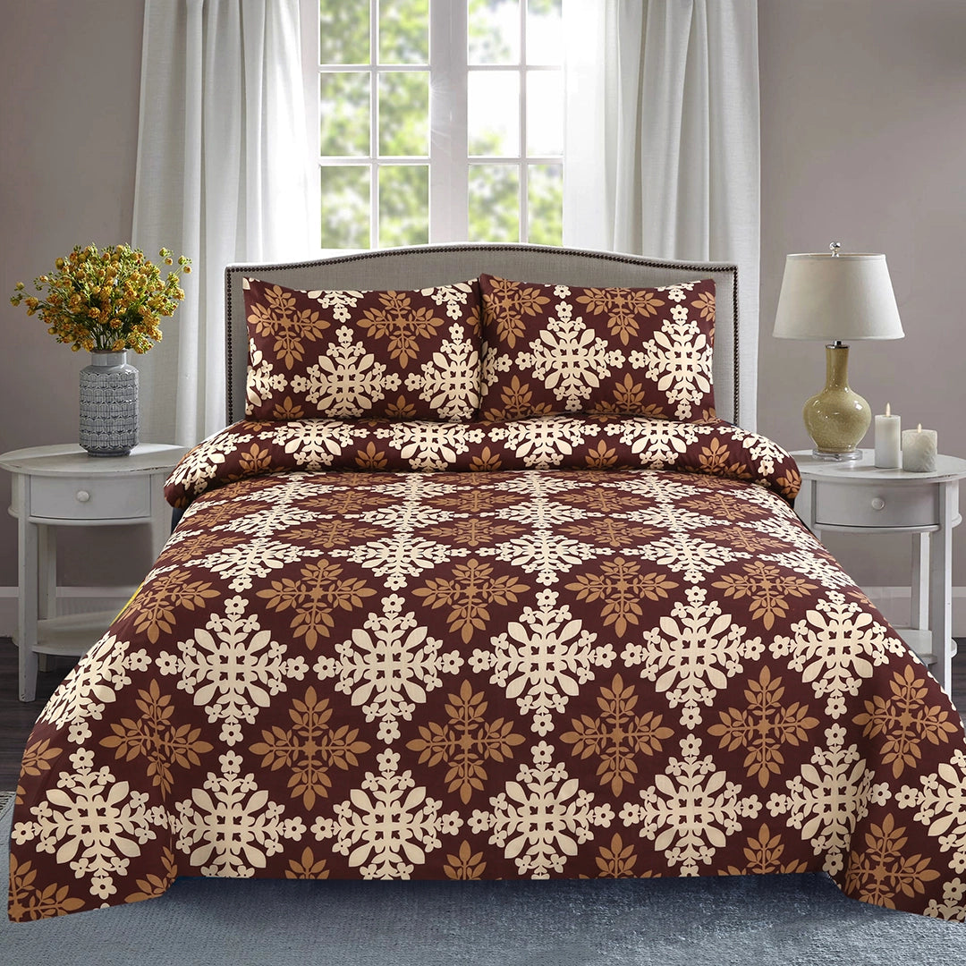 3 Piece - Brown and White Floral Printed Bed Sheet Set - 3130