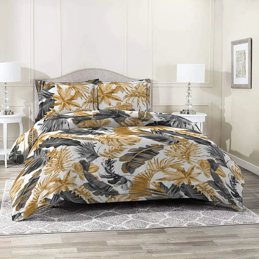 Monstera Golden Grey White Printed Bed Sheet