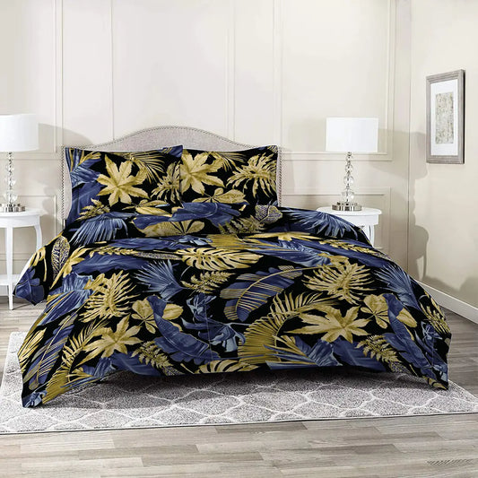 Monstera Golden Navy Blue black Printed Bed Sheet