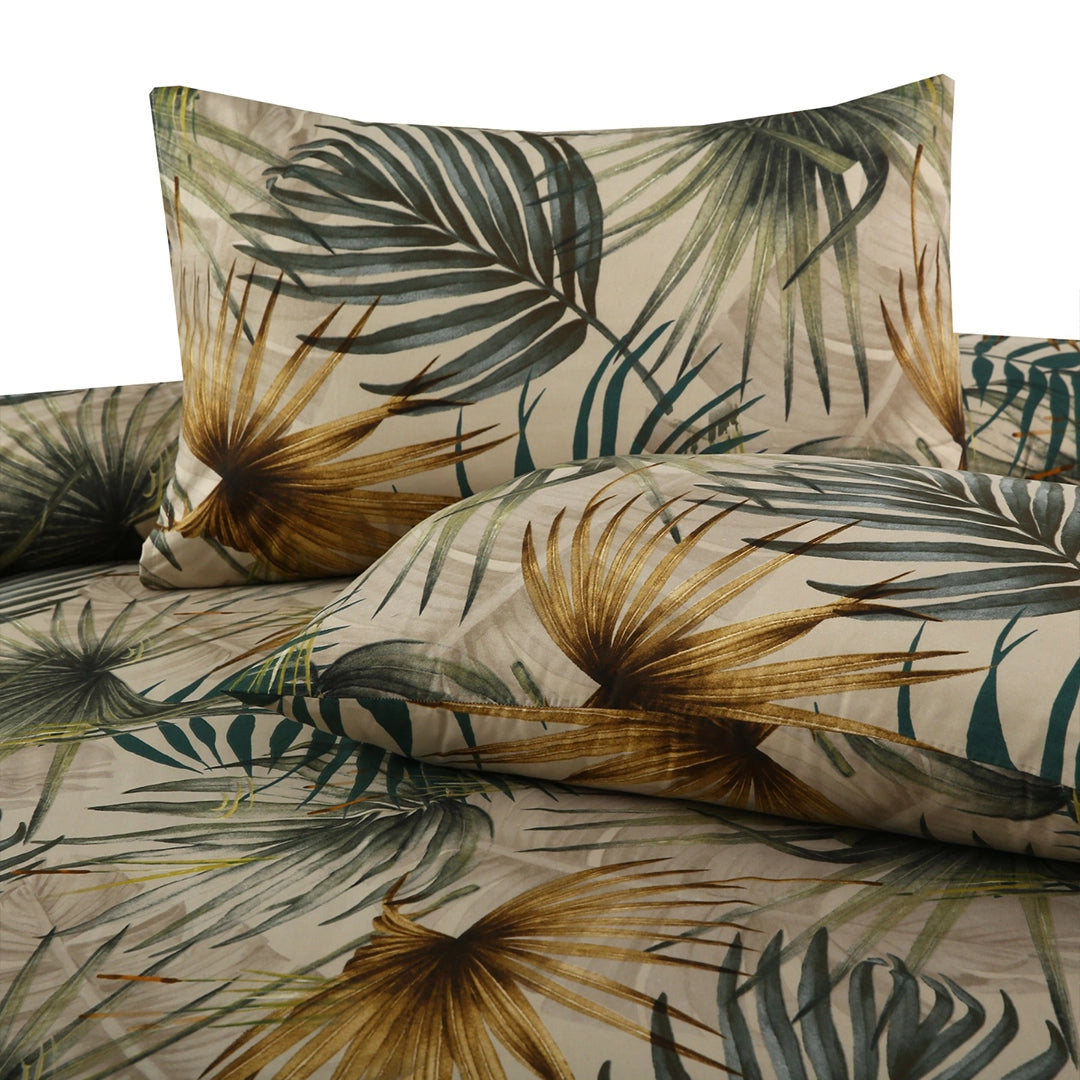6 Piece - Green & Beige Leaf Printed Duvet Cover Set
