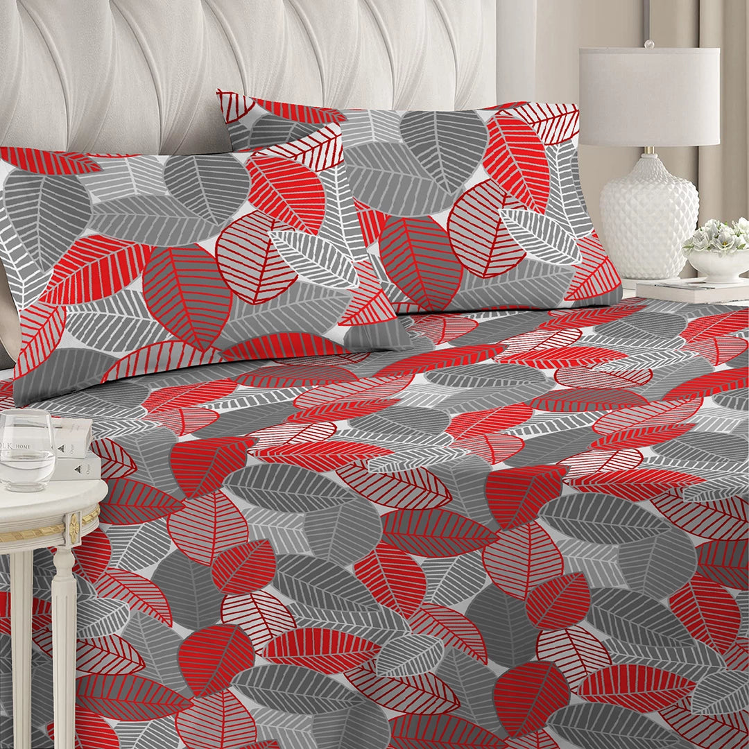 3 Piece - Red & Grey Leaf Printed Bed Sheet Set - 3063