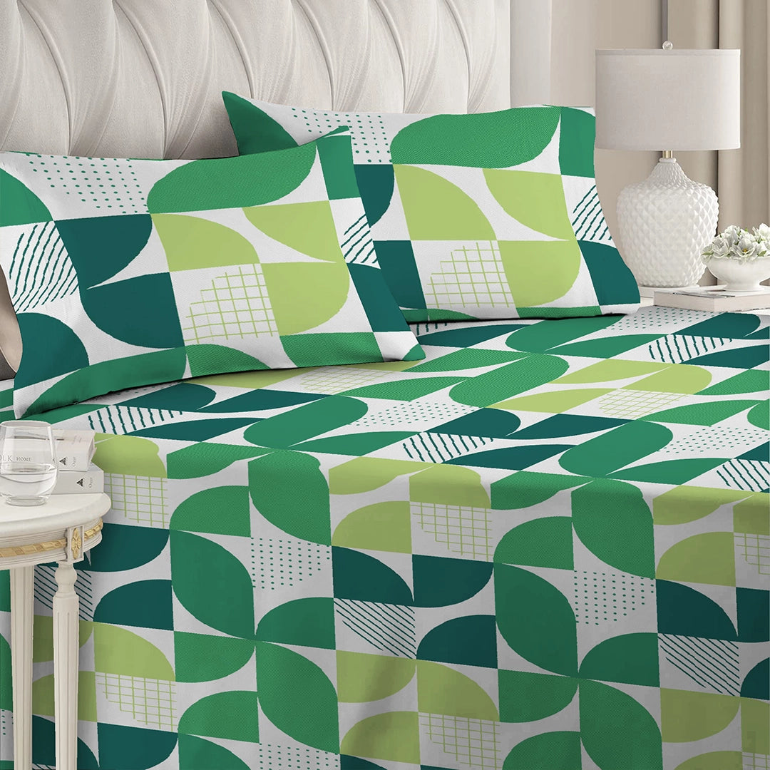3 Piece - Green Geometric Printed Bed Sheet Set - 3055