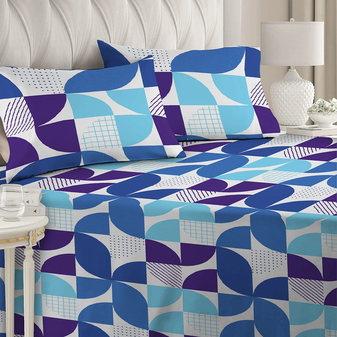 3 Piece - Blue Geometric Printed Bed Sheet Set -3056