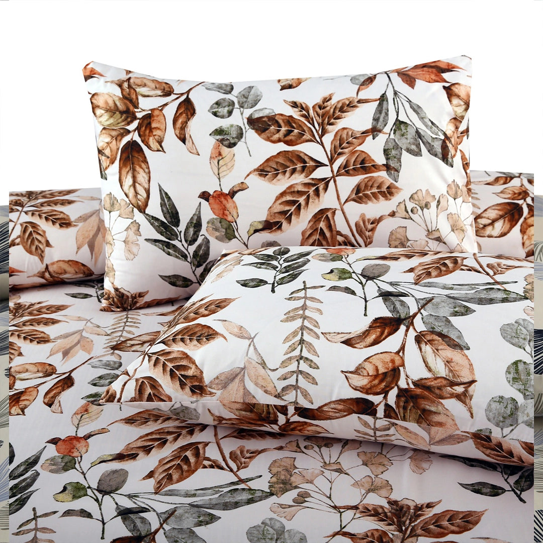 3 Piece - Brown & White Leaf Printed Bed Sheet Set - 3152