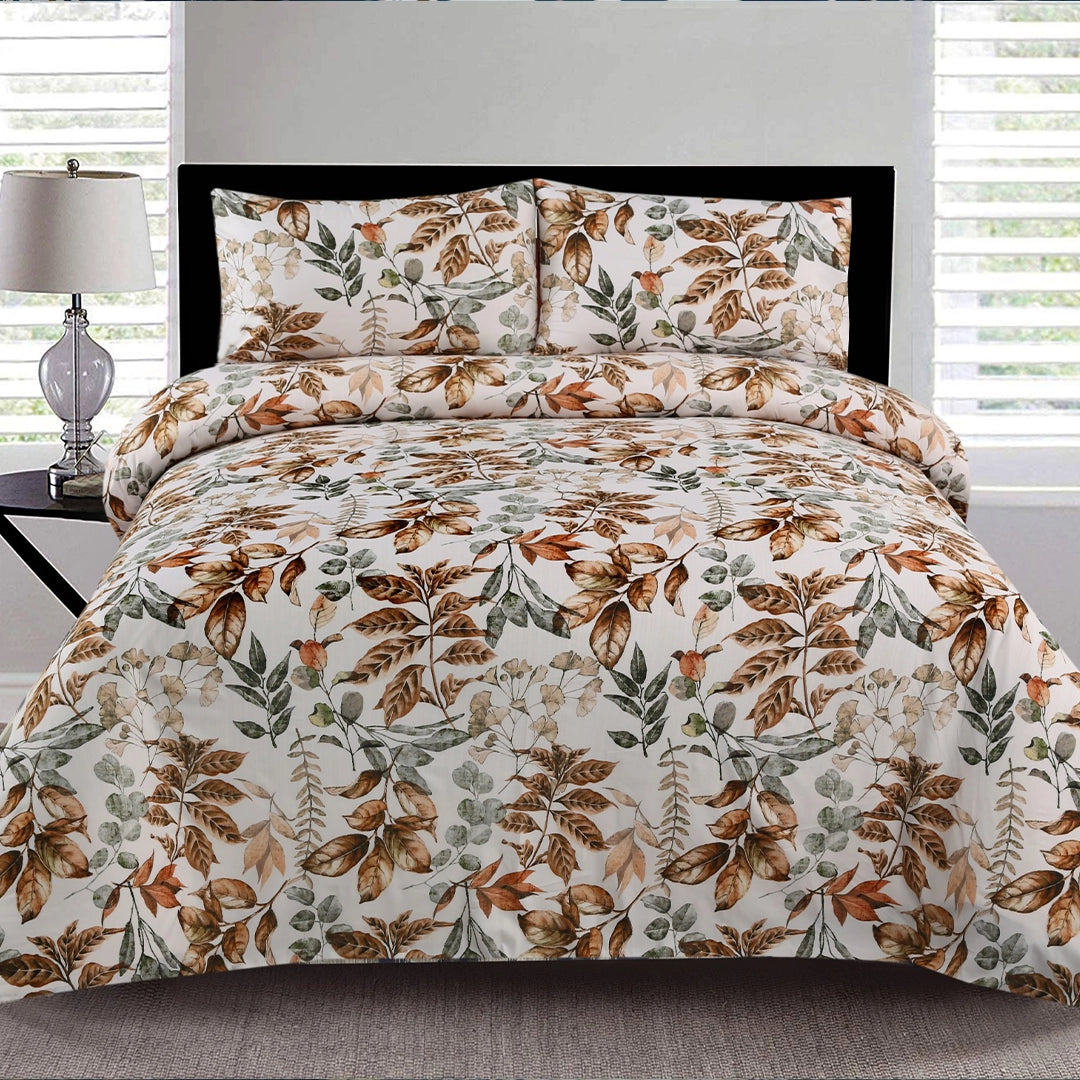 3 Piece - Brown & White Leaf Printed Bed Sheet Set - 3152