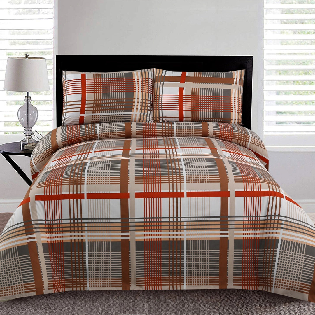 6 Piece - Brown & Red Checkered Printed Duvet Cover Set